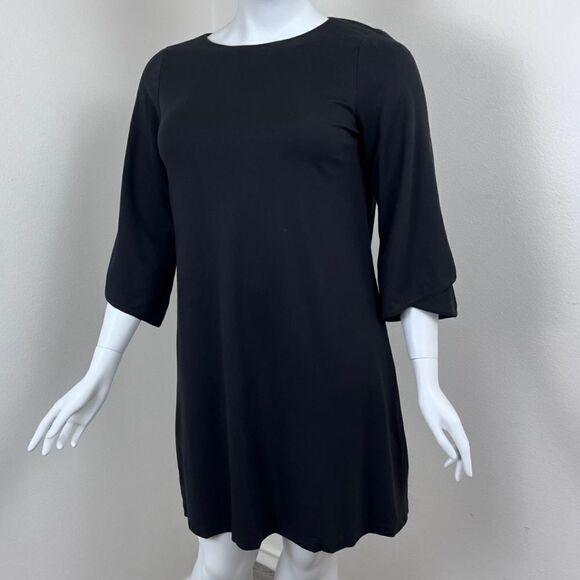Lafayette 148 Women Size L Black Jersey Knit Stretch 3/4 Sleeve Shift Midi Dress - Picture 11 of 14